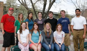Back row, from left: Tyler Cobb; Madison Rice; Michelle Schmitt; Patrick Harrington; Jed Layton; Geoffrey Fattah. Front row, from left: Emily A. Showgren; Danielle Murphy; Paige Kasteler. Photo by Tyler Cobb.