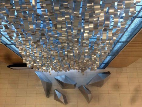 A public art piece inside the Spencer Fox Eccles Building.