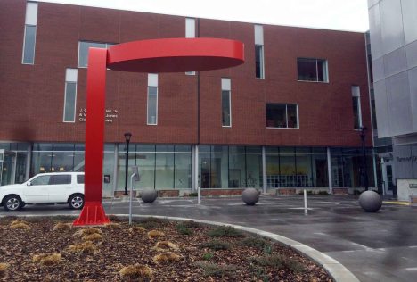 A public art piece outside the Sorensen Arts and Education Complex.